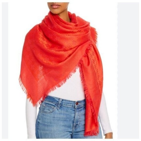 Tory Burch Accessories - TORY BURCH logo jacquard wool and silk women's traveler scarf - BRIGHT RED